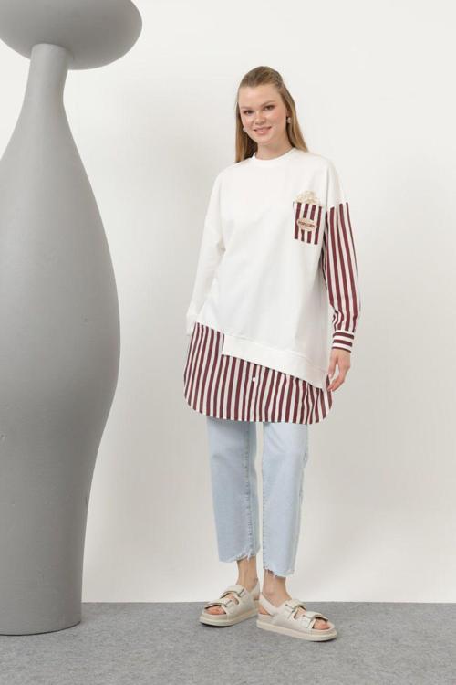 İki İplik Cebi Popcorn Baskılı Çizgili Tunik 10651