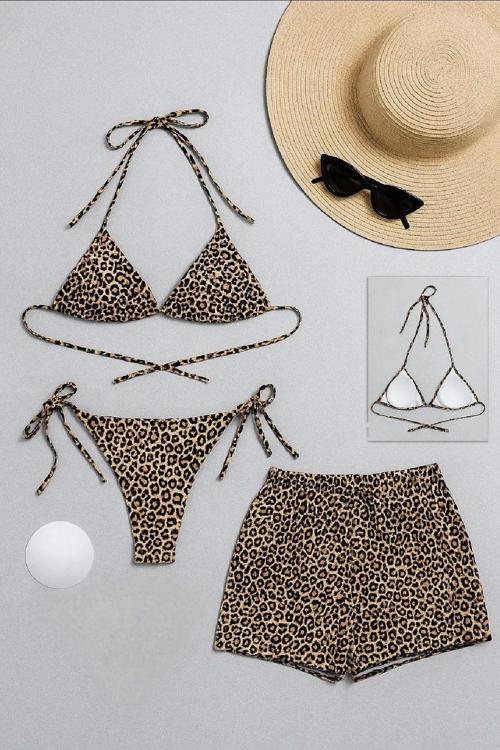 Kadın 3'lü Set Leopar Desenli Şortlu ve Yandan Bağlamalı Bikini Mayo Takımı
