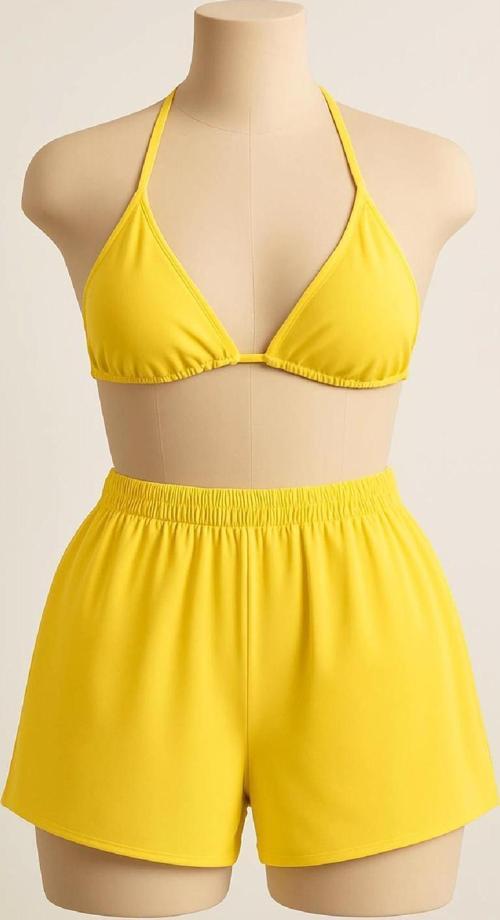 Kadın Sarı Şortlu Belden ve Boyundan Bağlamalı Bikini Takımı
