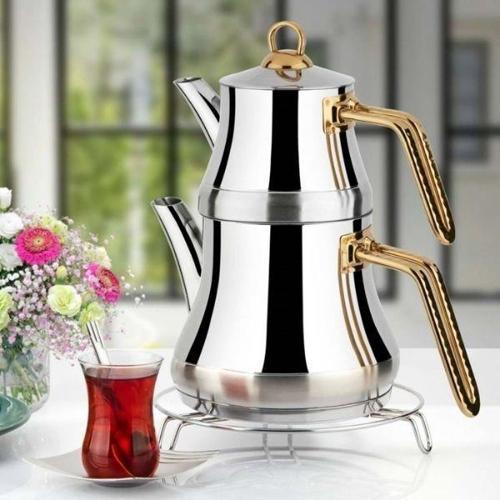 Lines L-3089 Naz Mini Boy Çelik Çaydanlık Takımı Altın Desenli Kulp