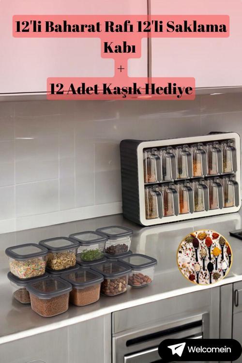 24 Parça Set 12'Li Stand Baharatlık Etiketli 12'Li 550 Ml Saklama Kabı Set Kaşık 12 Hediye Etiket