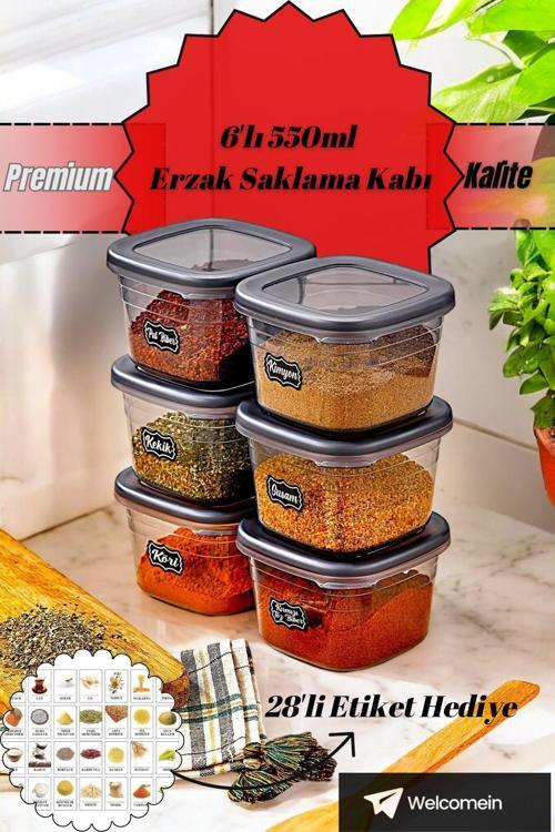 6 Adet Square Antrasit Etiketli Baharatlık Takımı - 550 Ml - 6'Lı Kare 0.55 Lt Etiket Hediyeli
