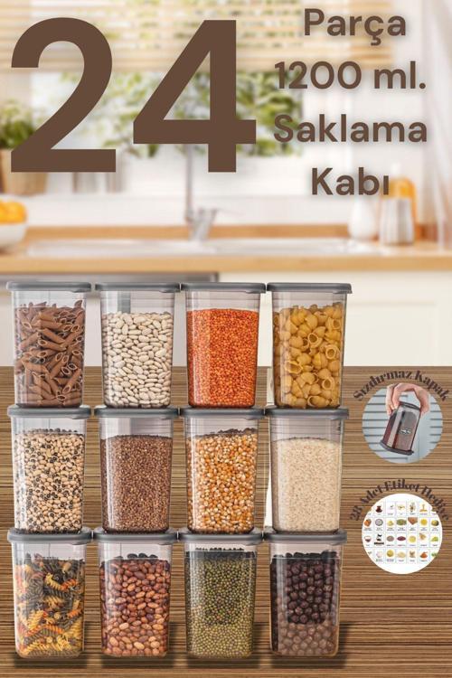 12 Adet 24 Parça 1200 Ml. Sızdırmaz Kapaklı Erzak Bakliyat Saklama Kabı Seti Etiket Hediyeli