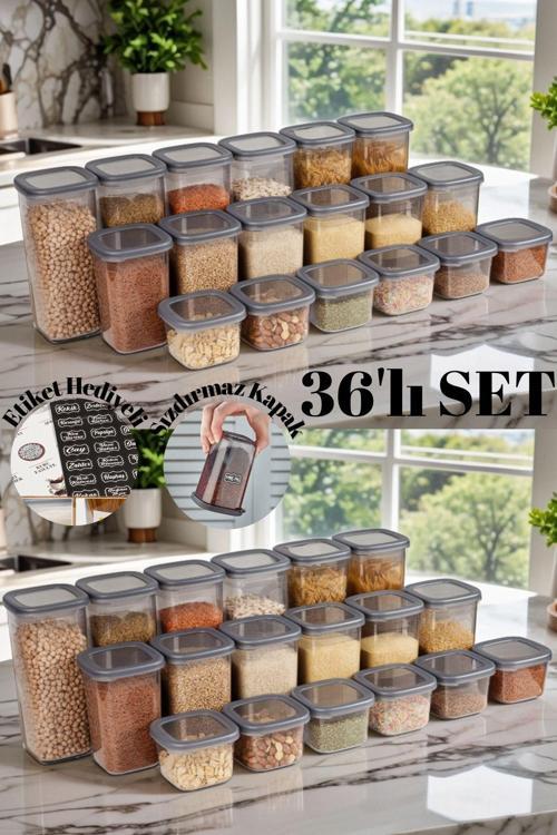 36 Adet 72 Parça 0,55-1,2-1,7 Litre Kare Erzak Bakliyat Saklama Kabı Seti 60 Etiket Hediyeli