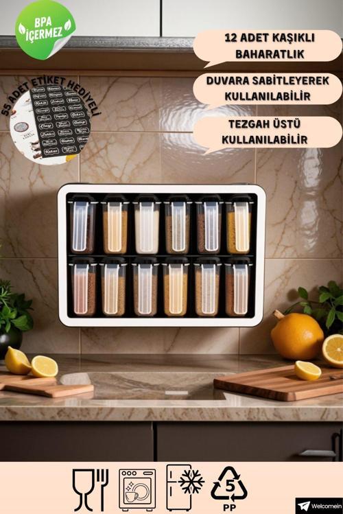 12'Li 250 Ml Standlı Kendinden Yapışkanlı Tezgah Üstü Ve Duvar Sabitlemeli Kaşıklı Baharatlık Seti