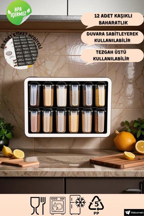 12'Li 250 Ml Standlı Kendinden Yapışkanlı Tezgah Üstü Ve Duvar Sabitlemeli Kaşıklı Baharatlık Seti