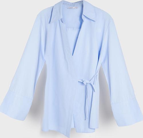 Kadın Bebe Mavisi Renk s5-103 Yandan Bağlamalı Maxi Uzun Boy Oversize %100 Pamuk Gömlek