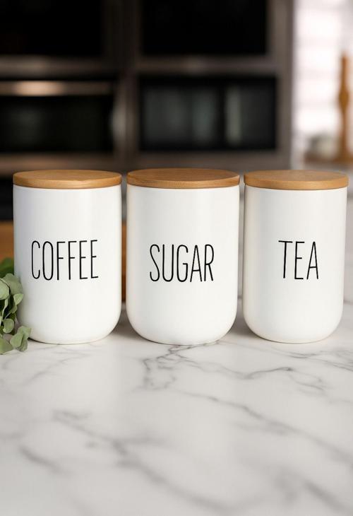 3’Lü Seramik Bambu Kapaklı Beyaz Kavanoz Seti 1000 Ml – Coffee / Sugar / Tea – Bambu Kapaklı