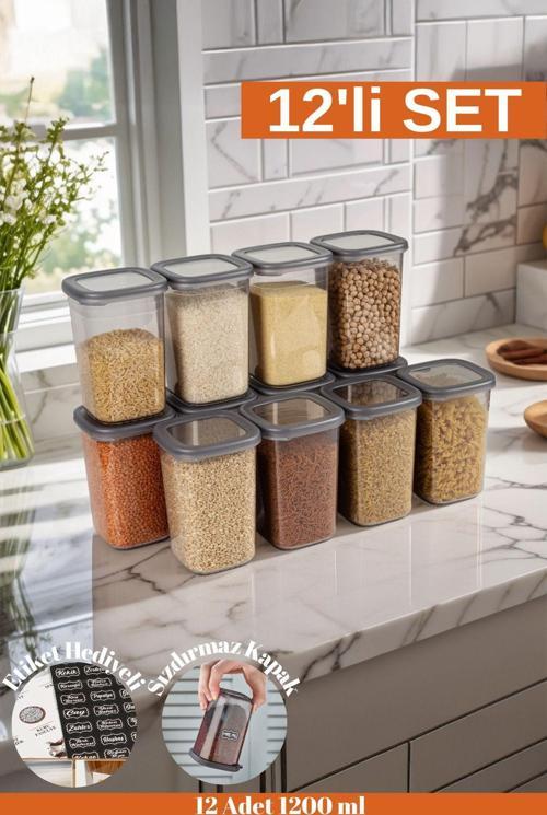 12 Adet 24 Parça Etiket Hediyeli 1200 Ml. Sızdırmaz Kapaklı Kare Erzak Bakliyat Saklama Kabı Seti