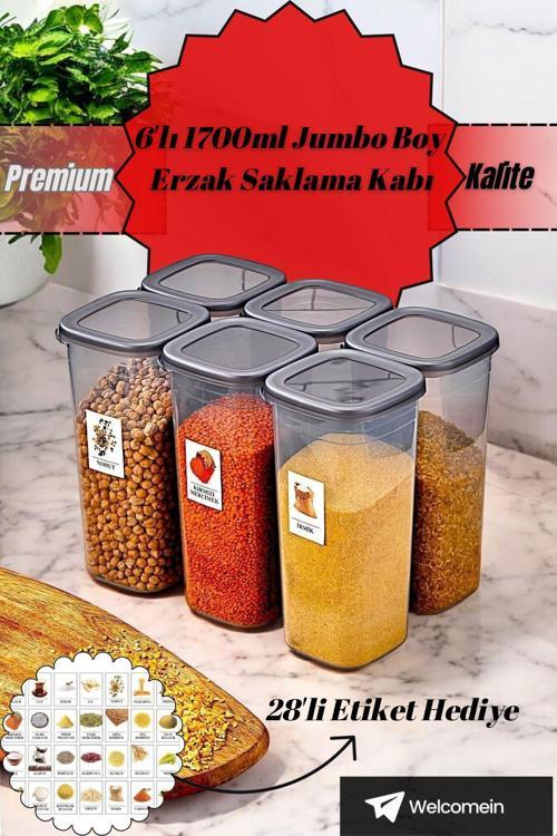 6'Lı Jumbo Boy Erzak Saklama Kabı 1700Ml Sızdırmaz Kapaklı Etiket Hediyeli Saklama Kabı