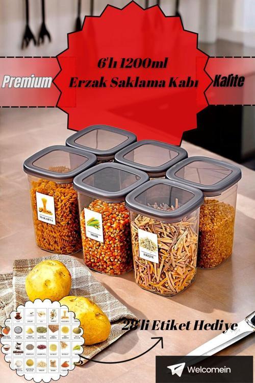 6 Adet Etiketli Square Kare Erzak Saklama Kabı Seti 1200 Ml - Sert Kapak 1.2 Litre Etiket Hediyeli