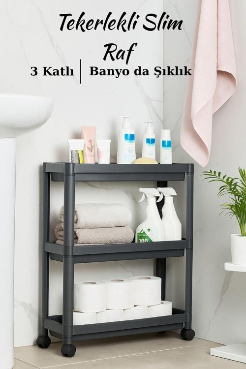Slim 3 Katlı Tekerlekli Banyo Organizeri - Gri Plastik Raf Düzenleyici