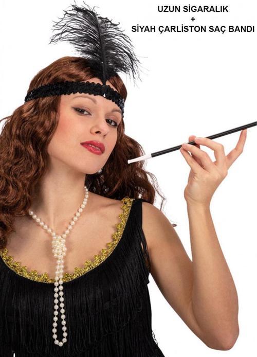 1920&#39;ler Gatsby Aksesuar Seti – Siyah Charleston Saç Bandı & Sigaralık