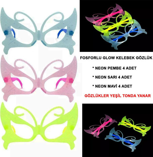 Fosforlu Kelebek Model Glow Parti Gözlüğü Karanlıkta Yanan Gözlükler 12 Adet