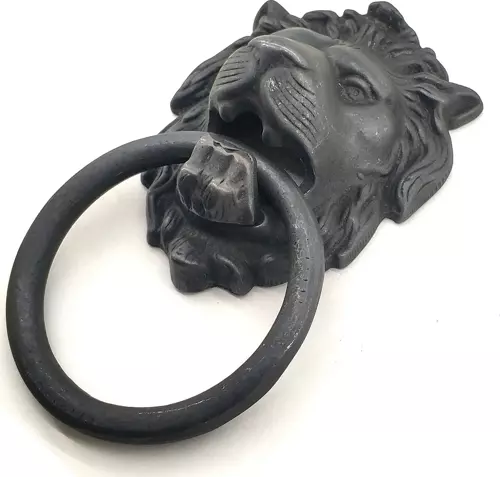 Antika Tarz Dekoratif Pirinç Aslan Kapı Tokmağı, Taktak - 102x130 mm, Oksit
