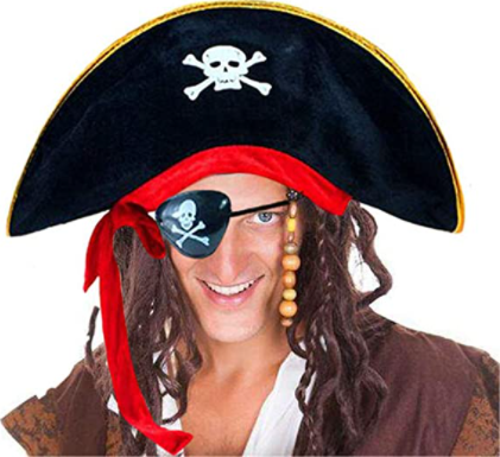 Yetişkin Boy Kadife Kaptan Jack Sparrow Korsan Şapkası ve Plastik Korsan Göz Maskesi