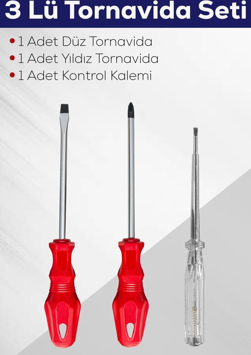 3 lü Tornavida Seti Düz Tornavida - Yıldız Tornavida - Kontrol Kalemi