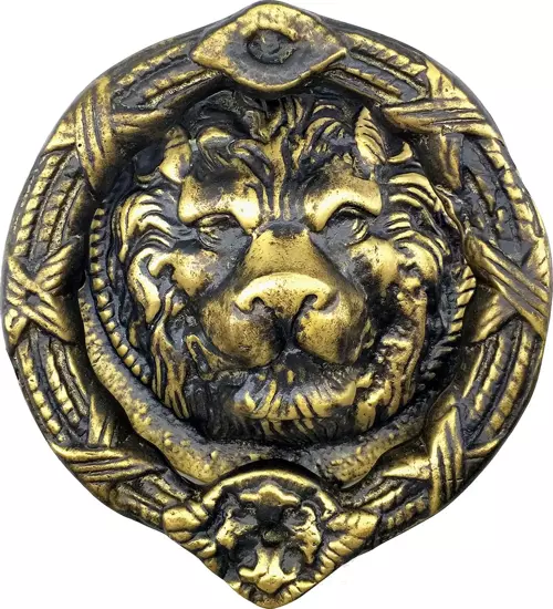 Antika Tarz Dekoratif Pirinç Aslan Kapı Tokmağı, Taktak - 185 mm, Antik
