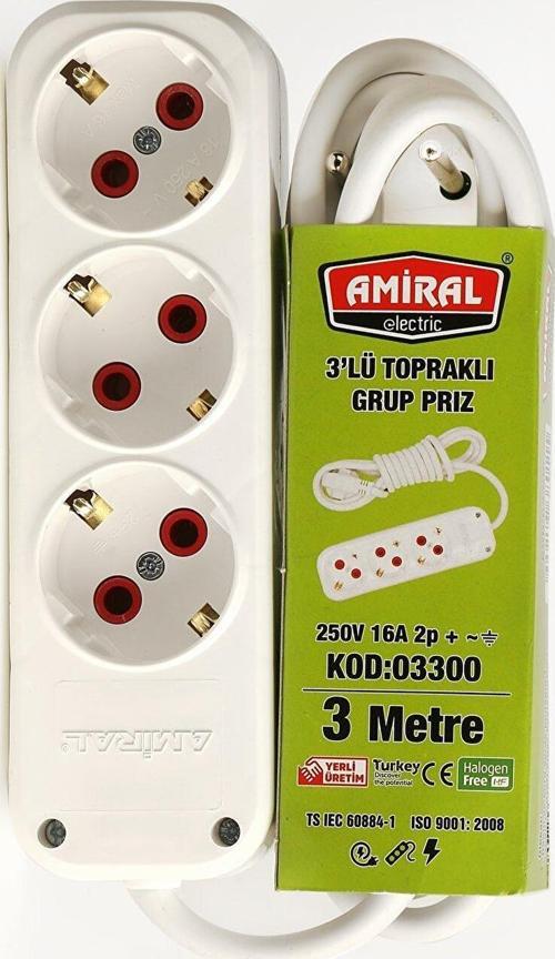 3 lü Topraklı Anahtarlı 3 Metre Kablolu Grup Priz