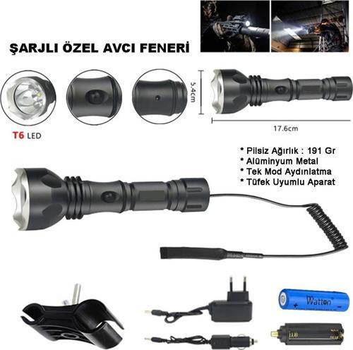 Orjinal 600 Lümen Tx6 Şarjlı Özel Avcı Feneri Watton Wt-253