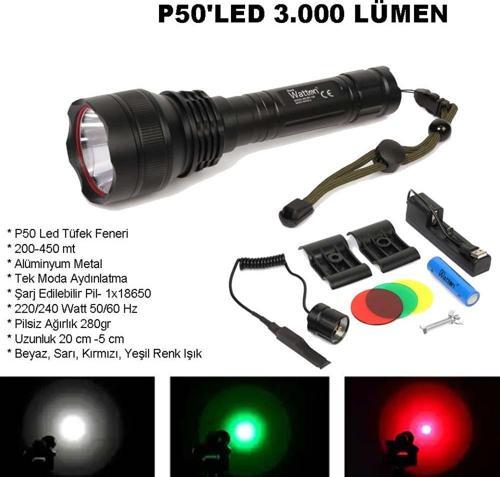 Profesyonel P50'Led 3.000 Lümen  Şarjlı Av Feneri Watton Wt-150