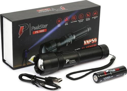 PeakStar Ps-1600 Süper Parlak Led Zoomlu 5 Mod Su Geçirmez Profesyonel Kamp Bekçi Avcı Feneri