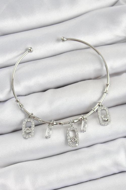 Pirinç Zirkon Taşlı Dikdörtgen Model Gümüş Renk Charm Bileklik - EBJ250705W36297