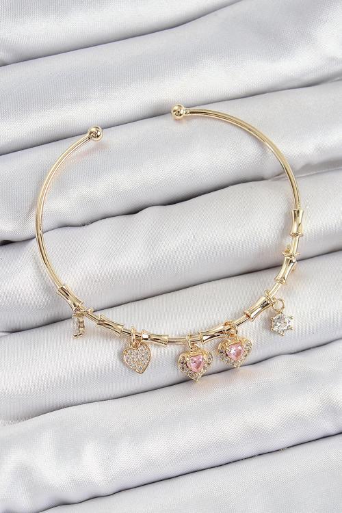 Pirinç Zirkon Taşlı Pembe Kalp Model Gold Renk Charm Bileklik - EBJ250705W36302