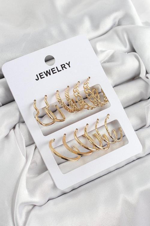 Pirinç Karışık Halka Model Gold Renk 6 Çift Kadın Küpe Set - EBJ250705W36361