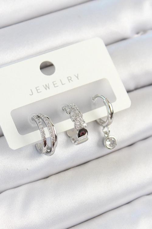 Pirinç Zirkon Taşlı Halka Model Gümüş Renk 3'lü Çift Kadın Küpe Set - EBJ250705W36183