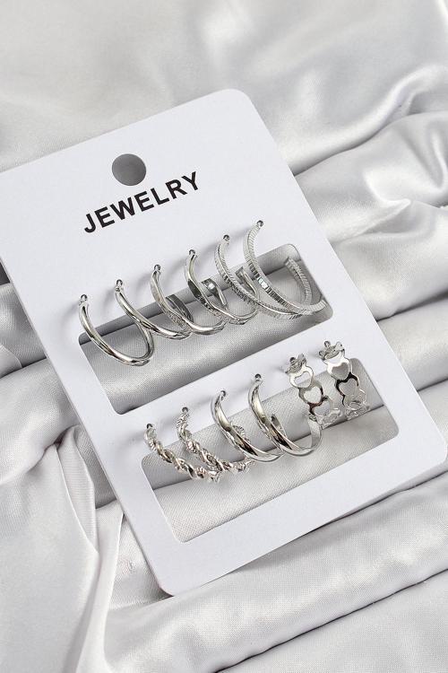 Pirinç Karışık Halka Model Gümüş Renk 6 Çift Kadın Küpe Set - EBJ250705W36351