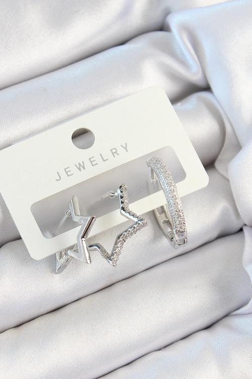 Pirinç Zirkon Taşlı Yıldız Ve Halka Model Gümüş Renk 3'lü Çift Kadın Küpe Set - EBJ250705W36191