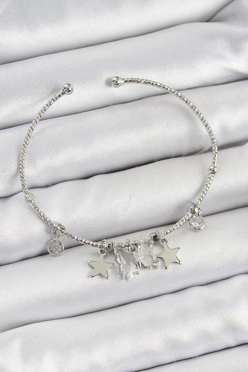 Pirinç Zirkon Taşlı Kelebek Ve Yıldız Model Gümüş Renk Charm Bileklik - EBJ250705W36291