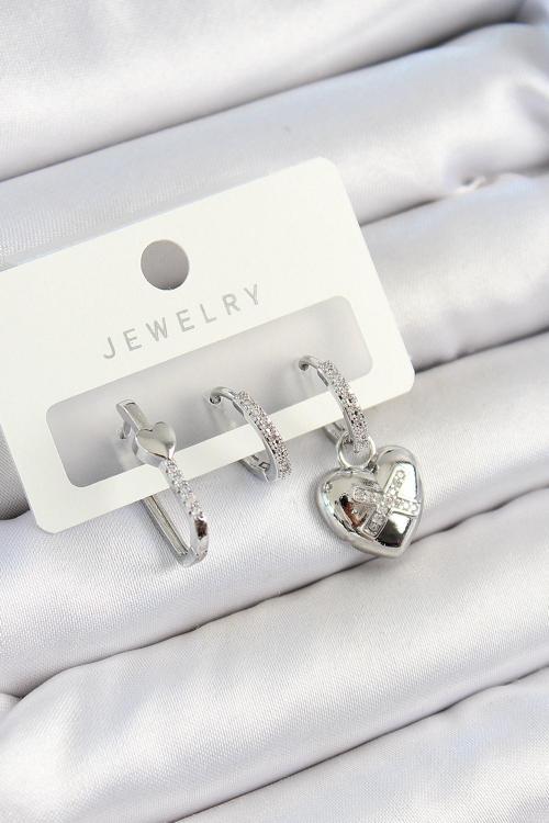 Pirinç Zirkon Taşlı Kalp Model Gümüş Renk 3'lü Çift Kadın Küpe Set - EBJ250705W36177