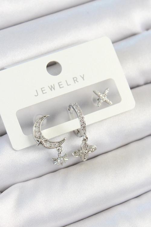 Pirinç Zirkon Taşlı Çiçek Ve Ay Model Gümüş Renk 3'lü Çift Kadın Küpe Set - EBJ250705W36187