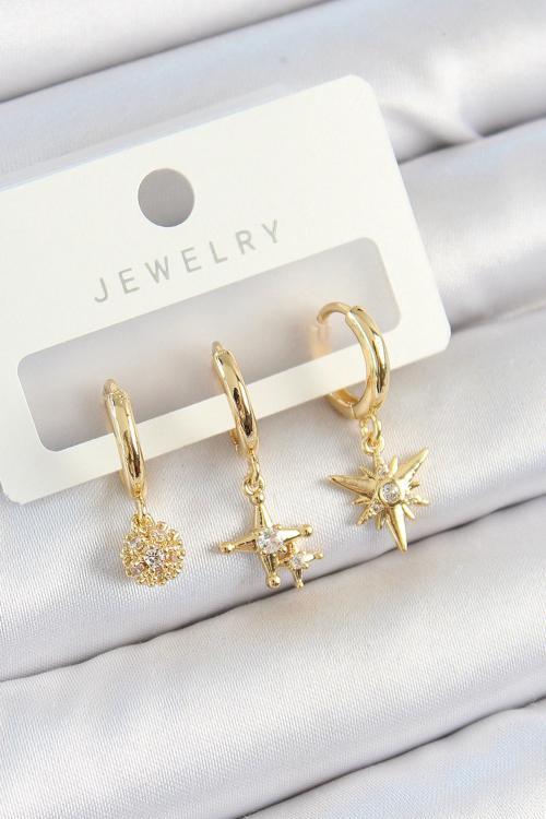 Pirinç Zirkon Taşlı Yıldız Model Gold Renk 3'lü Çift Kadın Küpe Set - EBJ250705W36201