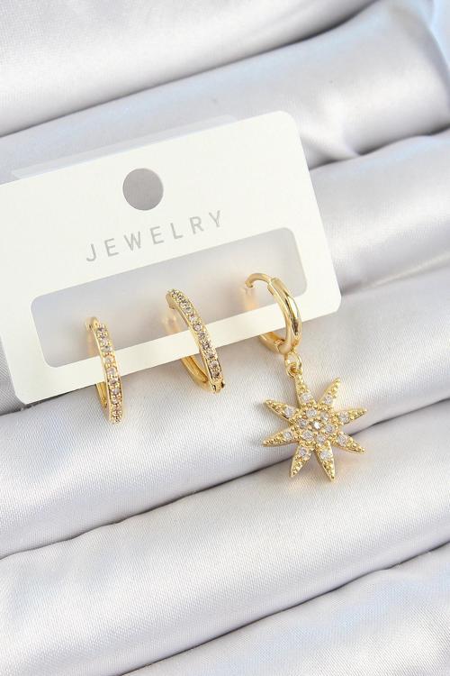 Pirinç Zirkon Taşlı Kutup Yıldızı Model Gold Renk 3'lü Çift Kadın Küpe Set - EBJ250705W36203
