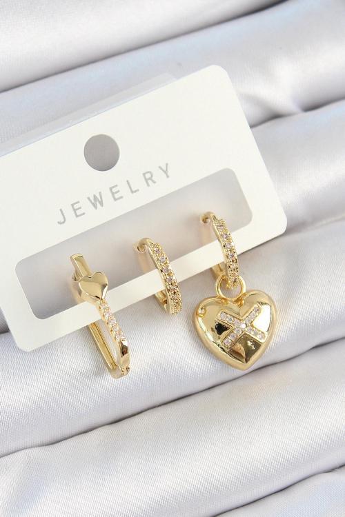 Pirinç Zirkon Taşlı Kalp Model Gold Renk 3'lü Çift Kadın Küpe Set - EBJ250705W36205