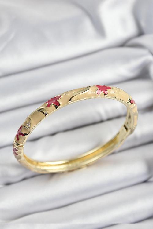 Mineli Pirinç Pembe Ve Krem Çiçek Motifli Gold Renk Kadın Kelepçe - EBJ250705W36435