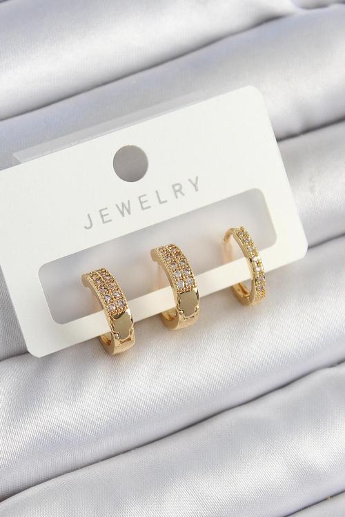 Pirinç Zirkon Taşlı Halka Model Gold Renk 3'lü Çift Kadın Küpe Set - EBJ250705W36221