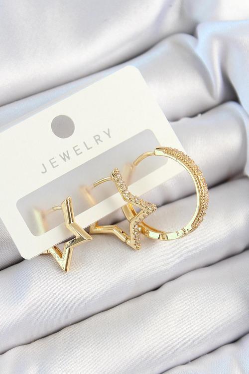 Pirinç Zirkon Taşlı Yıldız Ve Halka Model Gold Renk 3'lü Çift Kadın Küpe Set - EBJ250705W36213