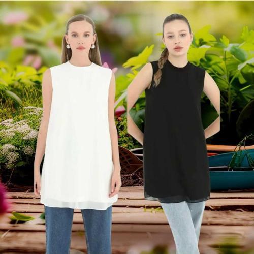 Kadın Siyah + Ekru Renkler 2 Li Set Kolsuz Önü Şifon Detaylı Tunik/İçlik