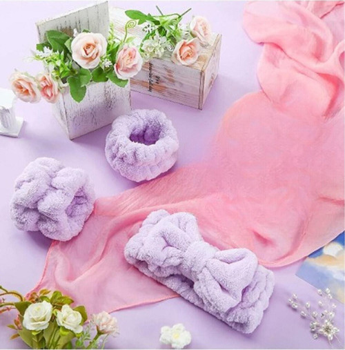 Lila Süper Soft Spa Takımı - 2 Adet Havlu Yıkama Bilekliği Ve Elastik Saç Bandı Takımı