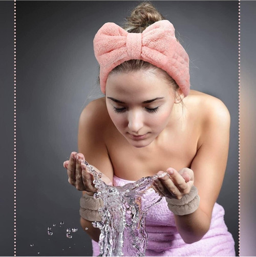 Pembe Rengi Süper Soft Spa Takımı - 2 Adet Havlu Yıkama Bilekliği Ve Elastik Saç Bandı Takımı