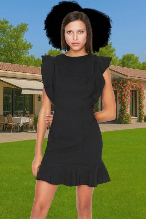 Feminen Mini Elbise Bisiklet Yaka Fırfır Detaylı Bodycon Polyester Kaliteli İşçilik