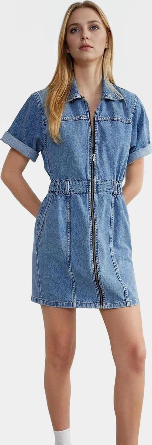 Kadın Denim Mini Elbise Fermuar Standart Kol Bodycon Kalıp Yüksek Kalite Şık Görünüm