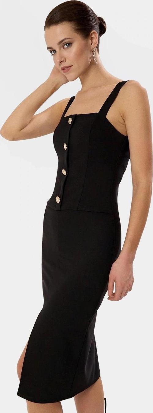 Dokuma Finike Kumaş Midi Bodycon Elbise Kolsuz Düğmeli Detaylar Vücudu Saran Konforlu Kesim