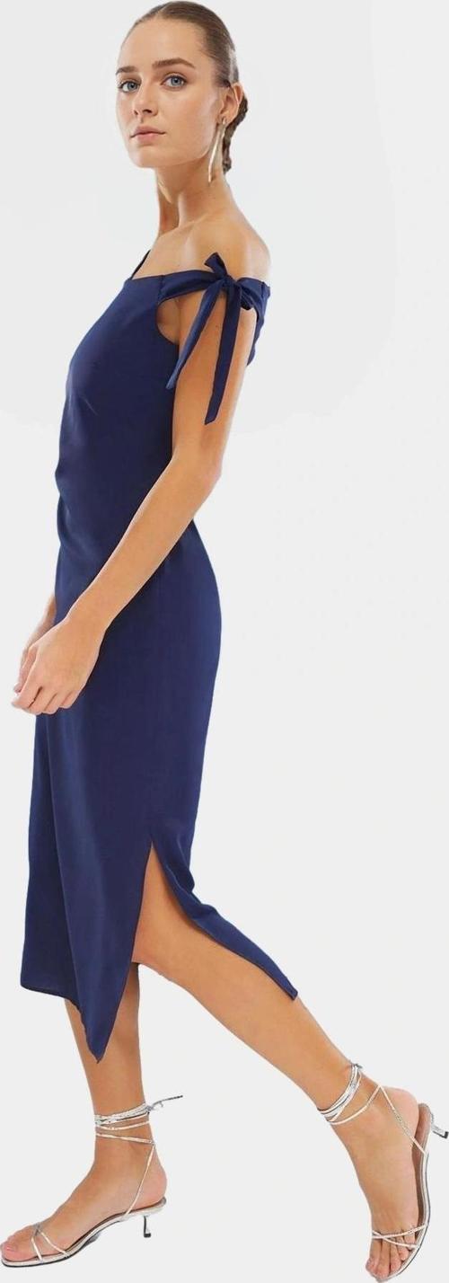 Asimetrik Yaka Kolsuz Midi Elbise Dokuma Mat Saten Polyester Yazlık Profesyonel Görünüm