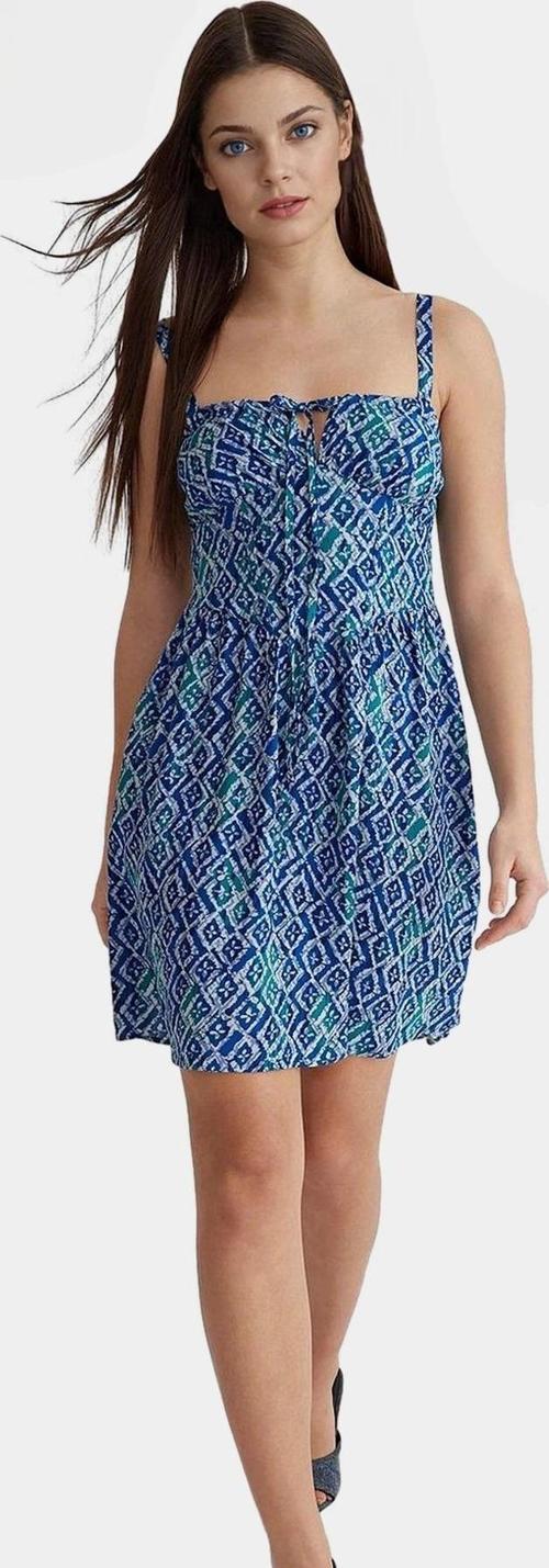 Viskoz Mini Elbise Geometrik Desenli Belden Açılan Skater Kalıp Rahat Yazlık Özel Tasarım