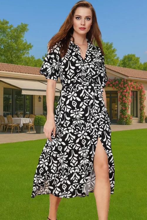 Yazlık Kadın Midi Gömlek Elbise Çiçek Desenli Viskoz Kumaşlı Rahat Konforlu Kesim Uzun Ömürlü